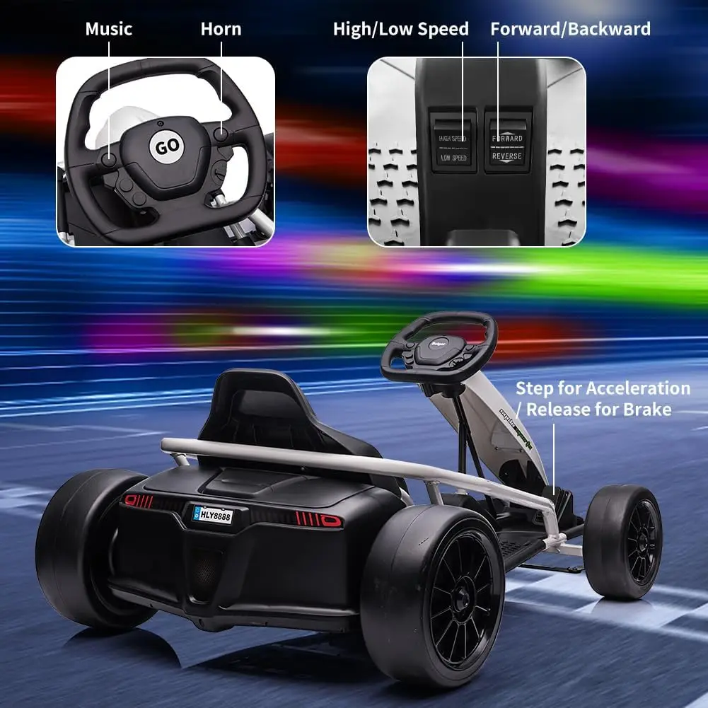 Jazda na gokart dla dzieci, akumulator 24V 9Ah 300W * 2 silniki, szybki dryfujący samochód 8 mil na godzinę, funkcja wolnego startu, wysokie/niskie prędkości, muzyka