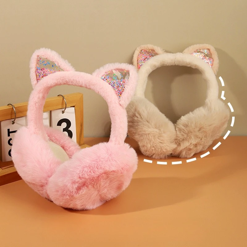 Winter Cat'S Ears(Steamed Cat-Ear Shaped Bread)Plush Warming Earmuffs Female Cute Transparent Colorful Star Decorative Earmuffs