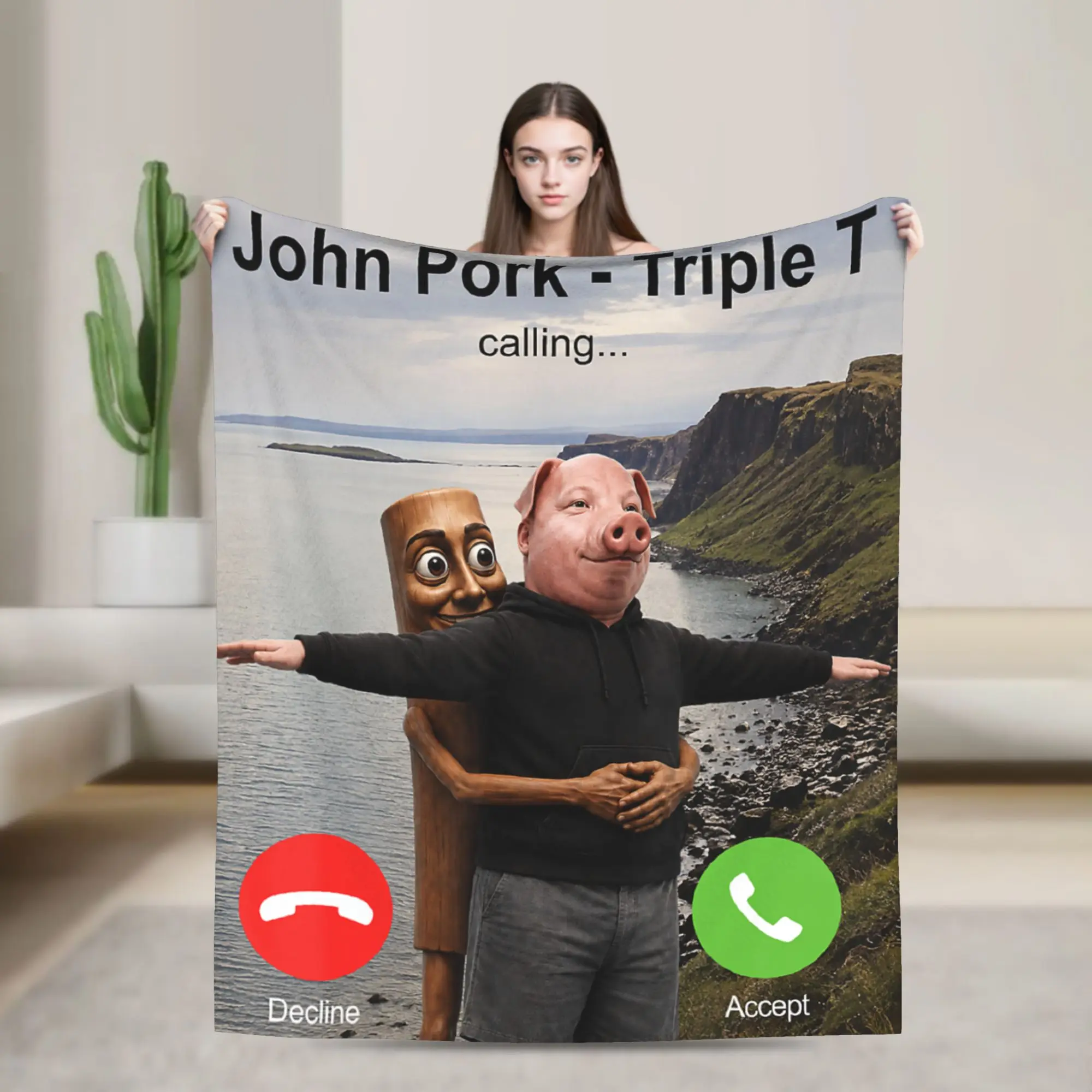 John Pork Triple T Calling Funny Viral Meme Brainrot Warm Soft Blanket Novelty Throw Blanket Home Decor Flannel Bedspread
