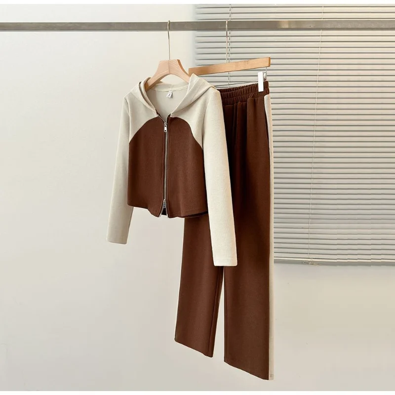

Fashionable color-blocked double zipper hooded long-sleeved sweatshirt for women loose pants casual loose suit