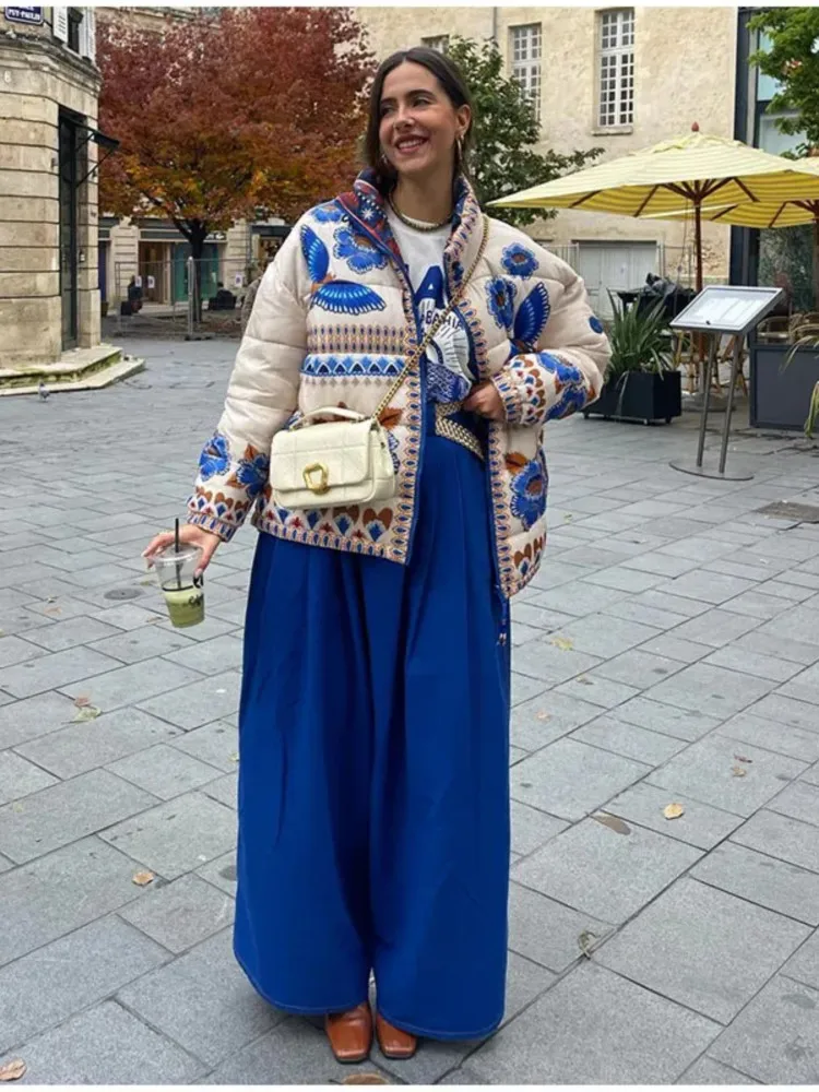 

Retro Colorful Printed Coats For Women Fashion Casual Loose Zipper Pockets Cotton Jacket 2025 New Autumn Long Sleeve Outwears