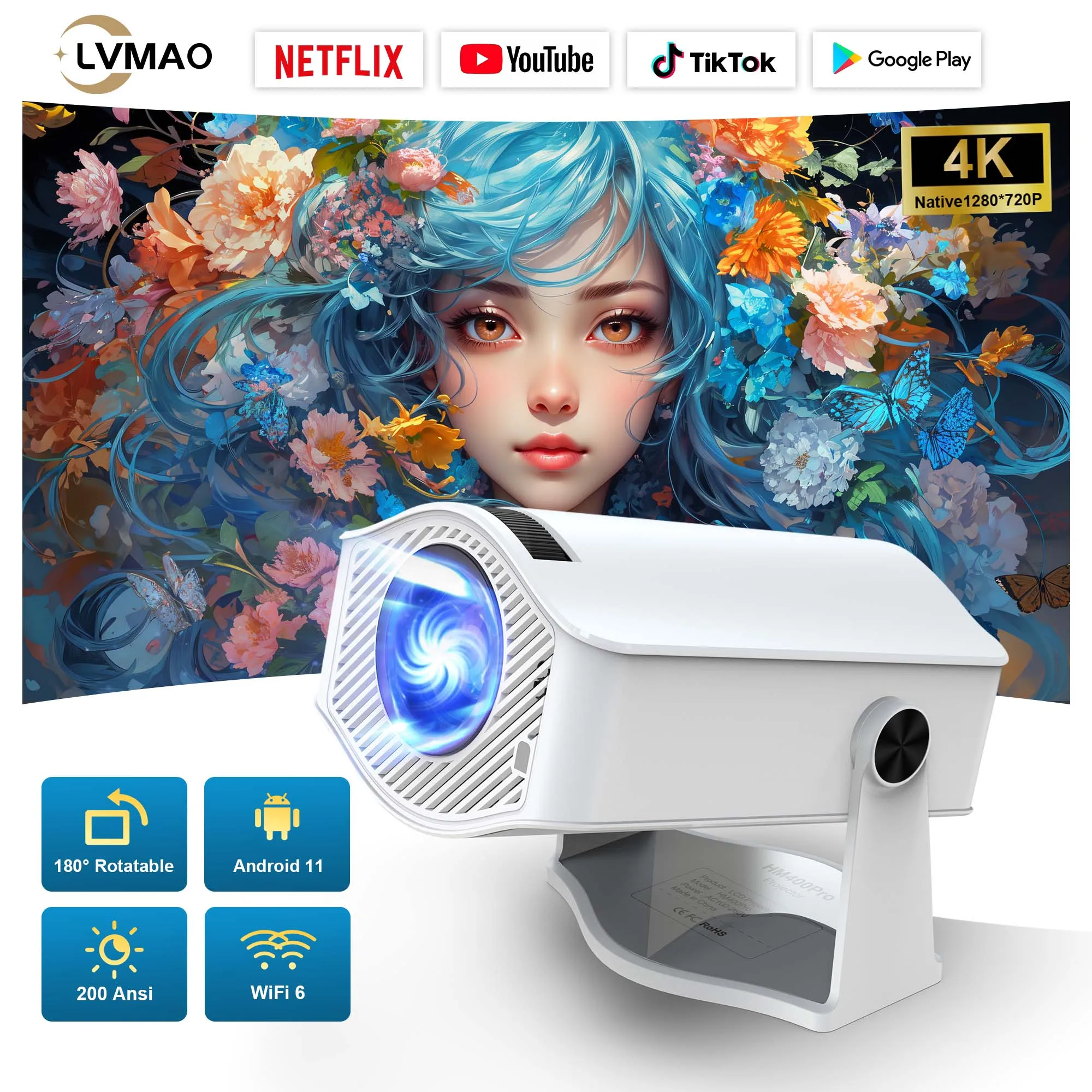 HOT Android11 Projector HM400 PRO 720P 200ANSI Dual Wifi6 BT5.2 4 Point Keystone Correction Outdoor Portable Upgraded Projector