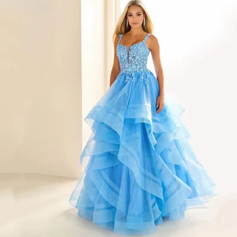 V-neck Party Dress With Suspenders Colorful Gauze Temperament Decal Performance Banquet Dress Host's Fluffy Dress Customized
