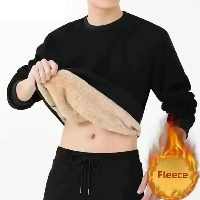 

LIBIELIY Autumn Winter Fleece-Lined Thickened Men's Sweatshirt Wool Round Neck Black Base Lose-Fit Warm Bra Men's Top