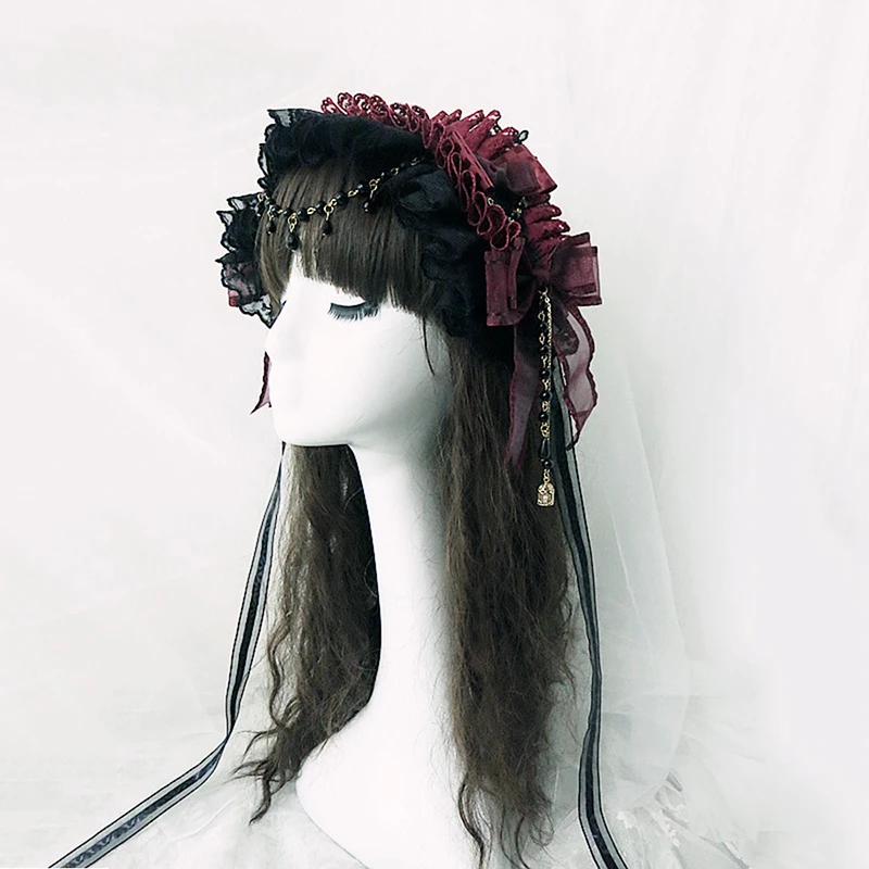 Gothic Lolita Lace headband bead chain Bow headband bow  Retro Dark Red Hair clip Women Cosplay Headwear