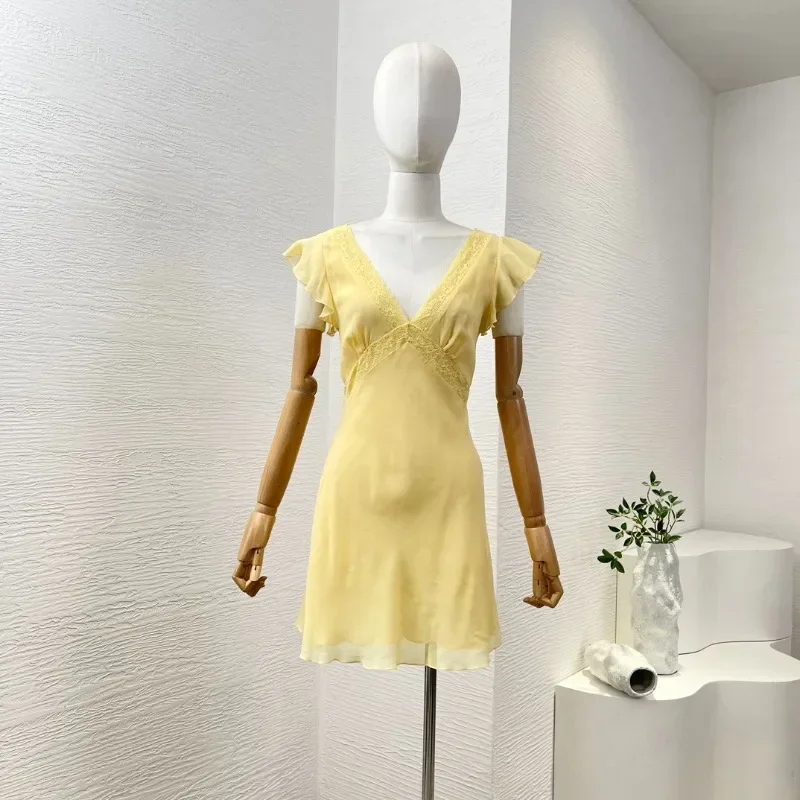 

Yellow Sleeveless New Arrivals High Quality Fashion Ladies Elegant Silk Ruffles Lace V Neck Mini Dresses for Women