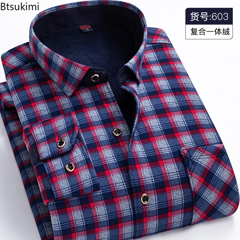 Autumn Winter Men's Shirts 2024 Fashion Thicker Fleece Warm Shirts Man Casual Long Sleeve Lapel Print Plaid Tops Men's Clothing