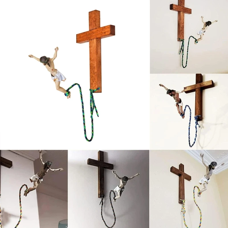 Unique Religious Artwork Bungee JumpingJesus Cross Handmade Wooded Resin Sculpture Decorative Ornament Wall Decor Drop Shipping