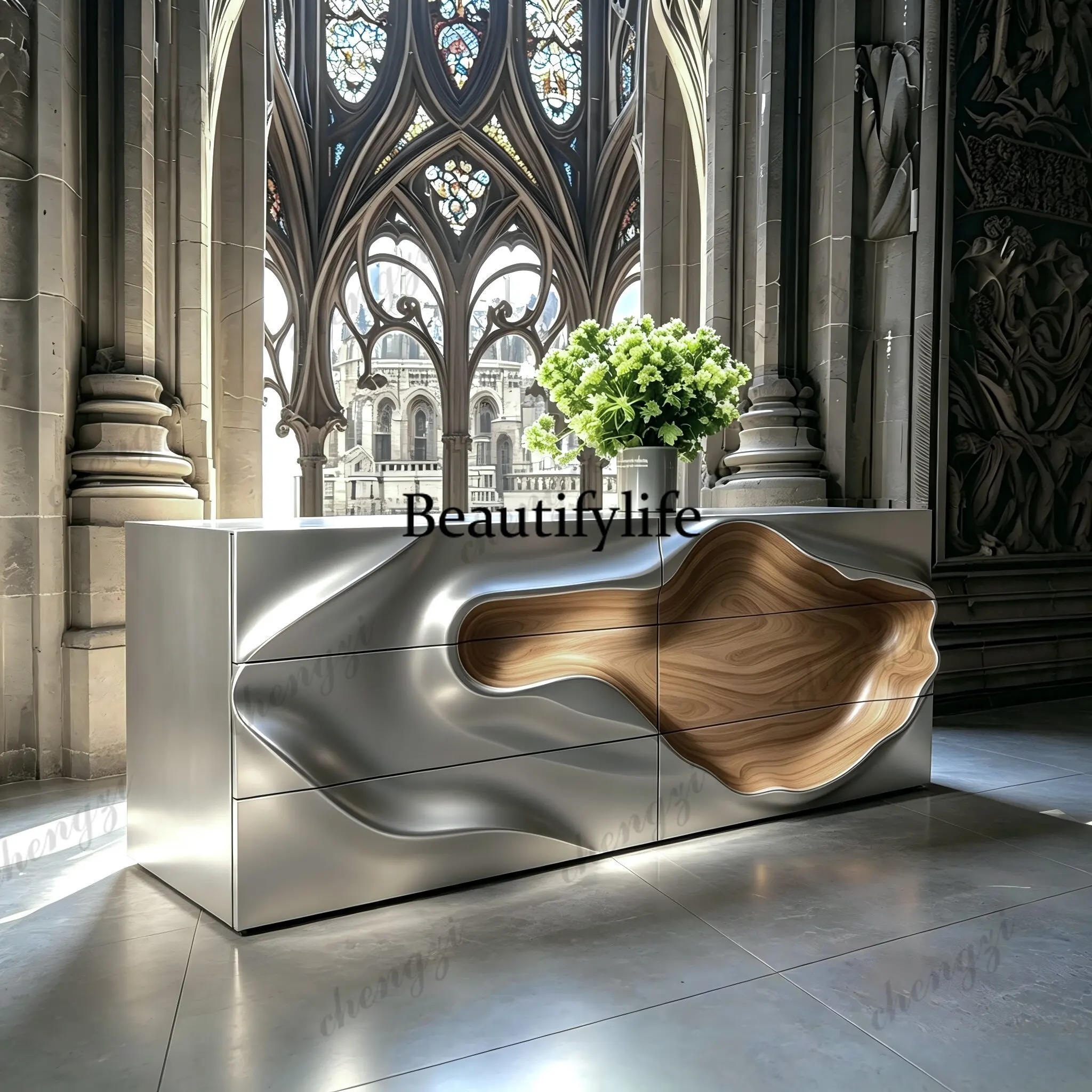 Original design streamline art chest cabinet light luxury metal paint solid wood cabinet living room storage locker