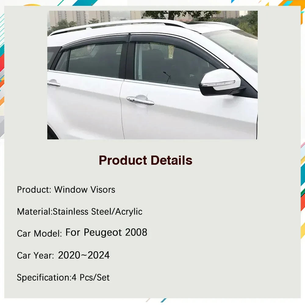 Car Window Visor For Peugeot 2008 e2008 P24 2020 2021 2022 2023 2024 Rain Guards Deflector Shade Weathershields Auto Accessories