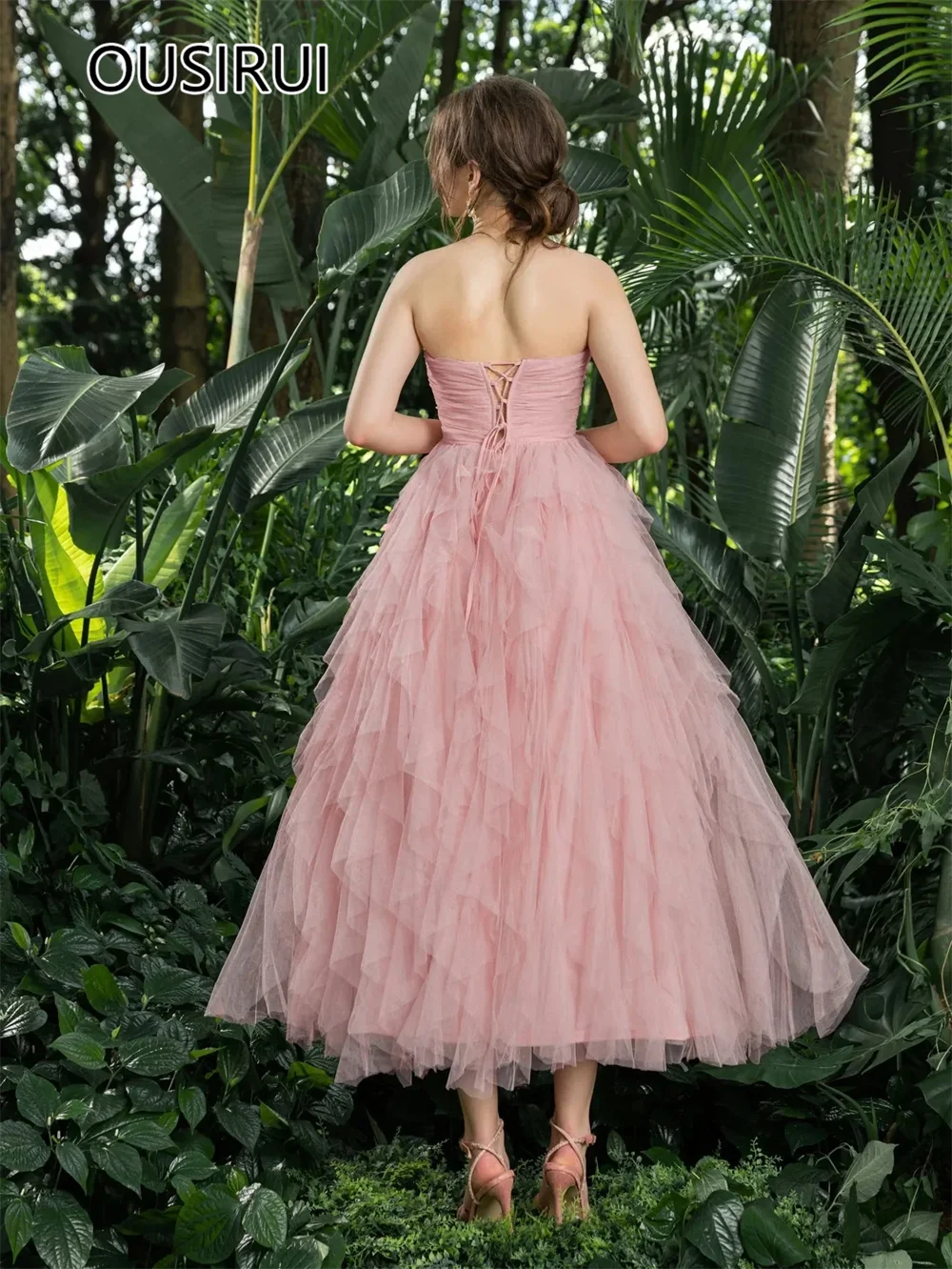 Customized Charming Boat Collar Tulle Ruffles Tiered Prom Party Dress A-line Backless Lace up Ankle-Length Prom Cocktail Dress