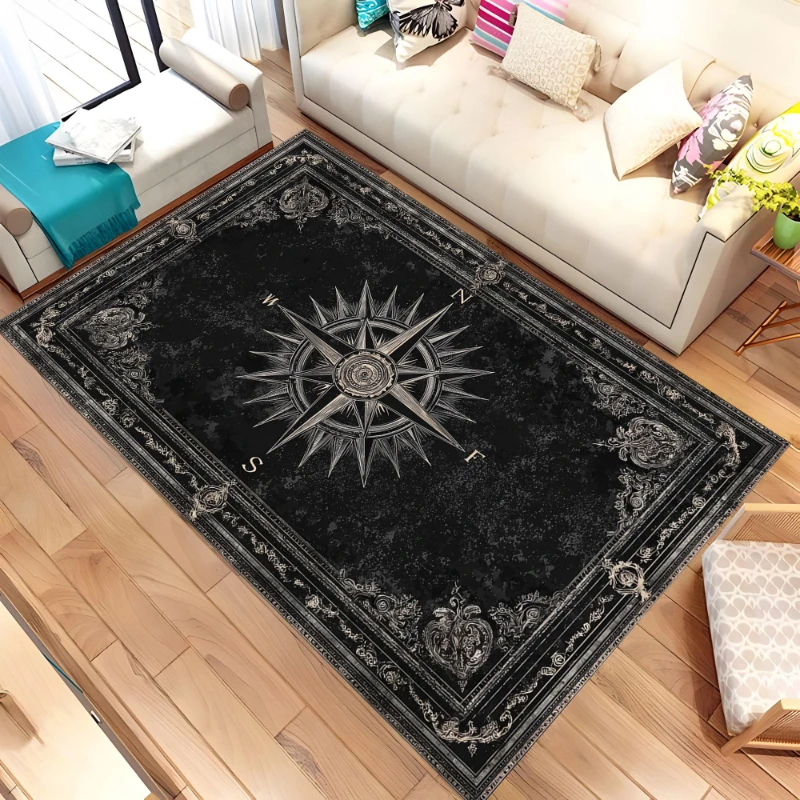 Nautical Compass Rug Vintage World Map Rug Sea Wavy Sailboat Washable Carpet for Bedroom Living Room Entryway Study Floor Mat