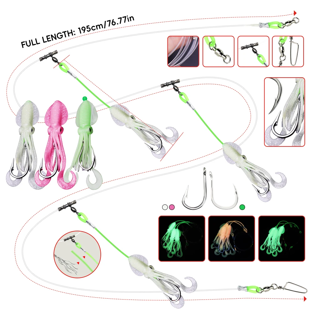 ZYZHE 1 Stück Tiefwasser-Rigs mit leuchtendem Tintenfischköder und hochfesten großen Fischhaken für Thunfisch, Marlin, Schwertfisch, Hoch- und Tiefwasser-Rigs – Detail 2