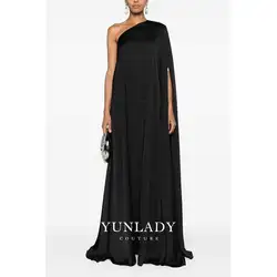 YUNLAN Gorgeous Dubai Black Satin One Shoulder Sleeve Evening Dress 2024 Arab Ladies Special Occasion Formal Trailing Party Gown