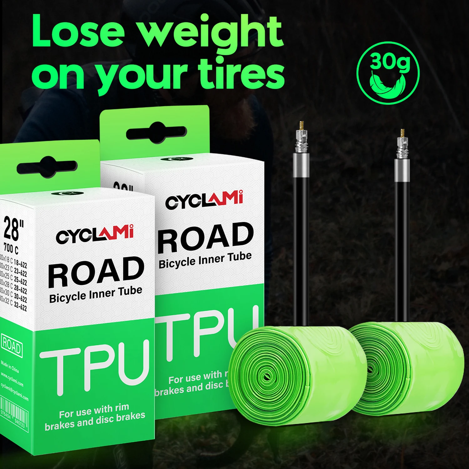 

CYCLAMI Ultralight 30g Bicycle Inner Tube Road Bike Bicycle TPU Inner Tire 45mm 65mm 85mm French Valve 700C Super Light Tube