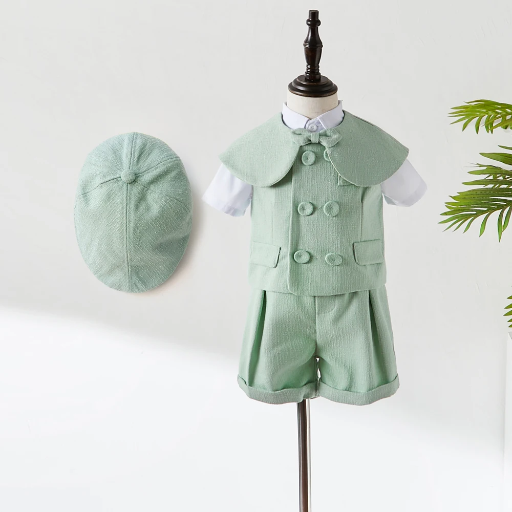 

Baby Fashion Set Green Shawl Vest Shorts 5 Pieces With Hat Children 1-4 Year Outfit Boys Clothes Set Holiday Party Dress