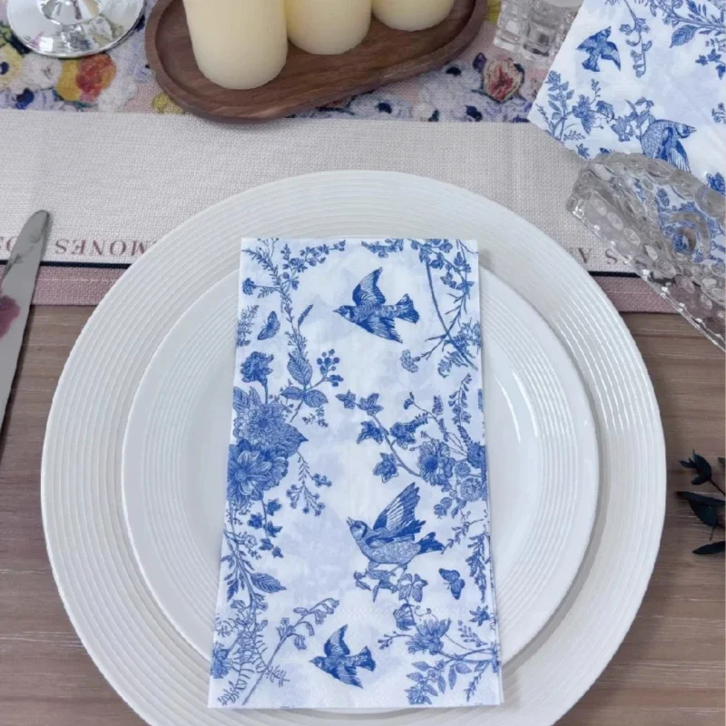 20Pcs 2Ply 33x40cm Blue White Napkins Bird Floral Toile De Jouy Disposable Paper Napkins for Party Decor