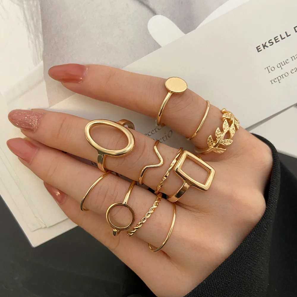 New Trendy Gold Color Rings Set For Women Simple Irregular Geometric Oval Hollow Out Opening Ring Girl Party Jewelry Gift Bague