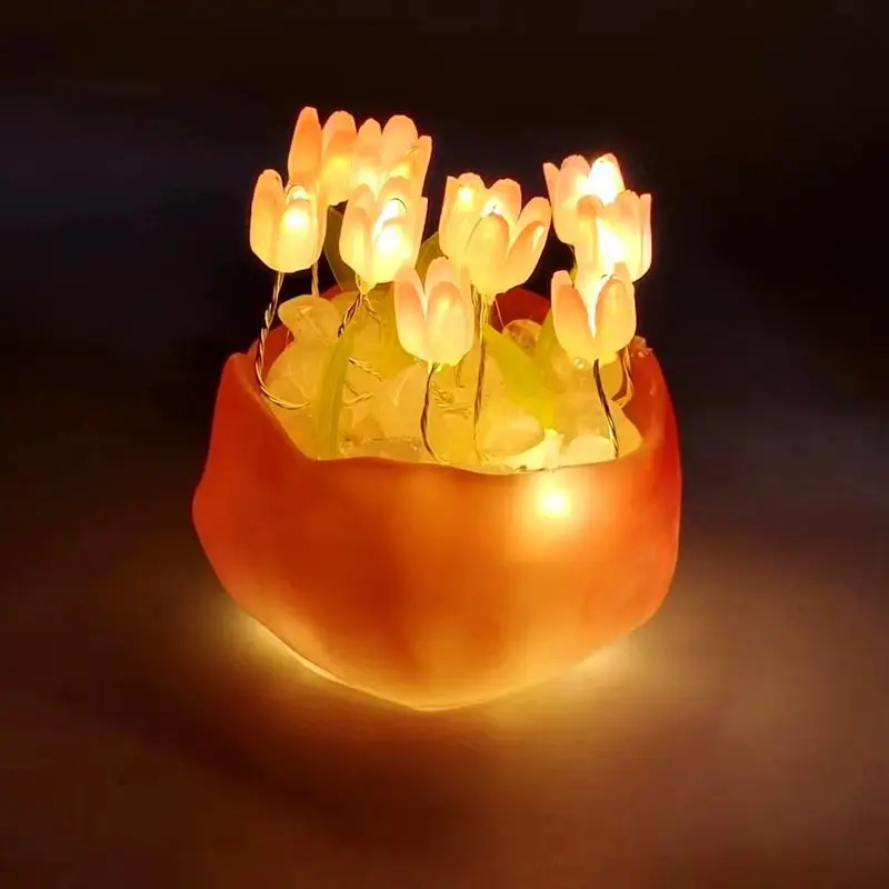 DIY Tulip Lamp Simulation Flower Bedroom Sleeping Table Lamp Handmade Craft Tulips Night Light Birthday Gift Pumpkin Cup Tulip N