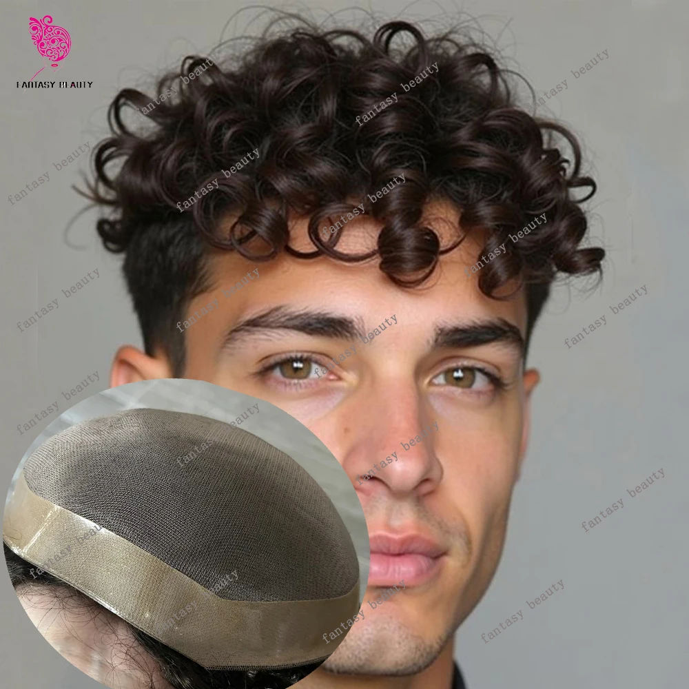 

Durable 20mm Curly Men Toupee Black Brown 15mm Curl Human Hair Breathable Mono NPU Male Hair Capillary Prosthes 18mm Hair Pieces