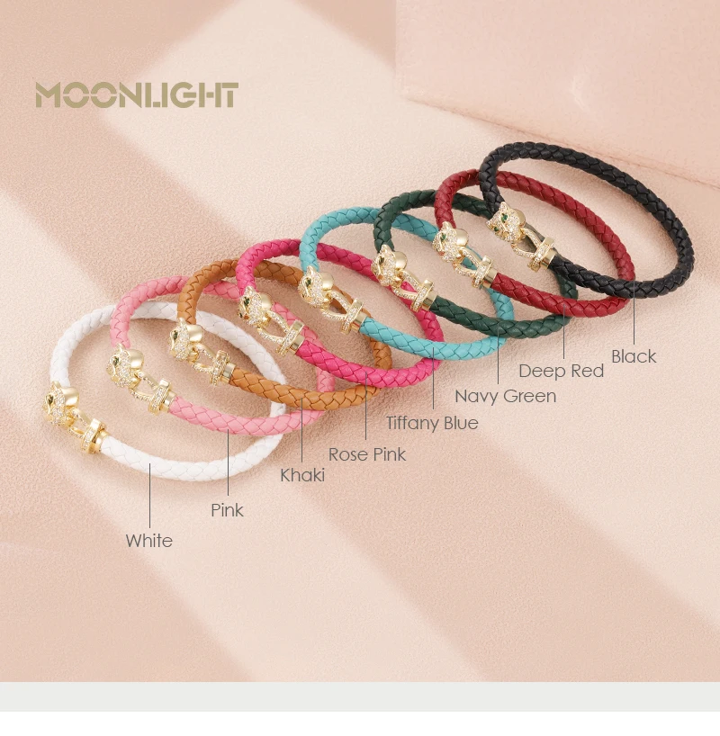 MOONLIGHT Classic Design Exquisite Cheetah Zircon Bracelet for Women Braided Leather Bracelet Quality Banquet Couples Gift
