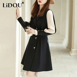 Spring Autumn Patchwork Elegant Waist Dress Ladies Korean Fashion Chic Buttons A-line Robe Vestidos De Fiesta Women's Clothing