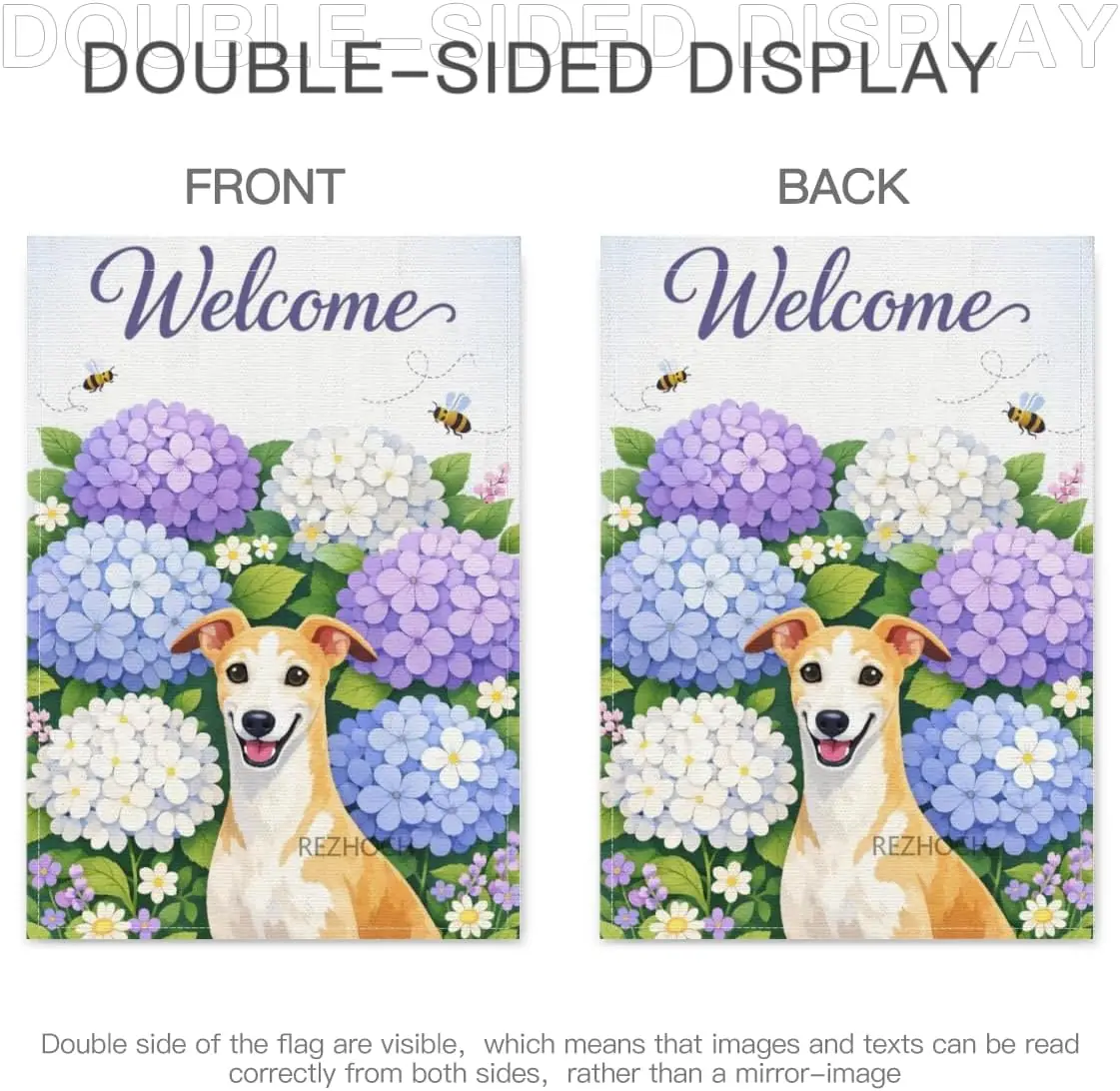 Welcome Dog Garden Flag 28x40Inch,Funny Greyhound Purple Hydrangea Floral Spring Summer Yard Flag,Cute Animal Double Sided O AAS