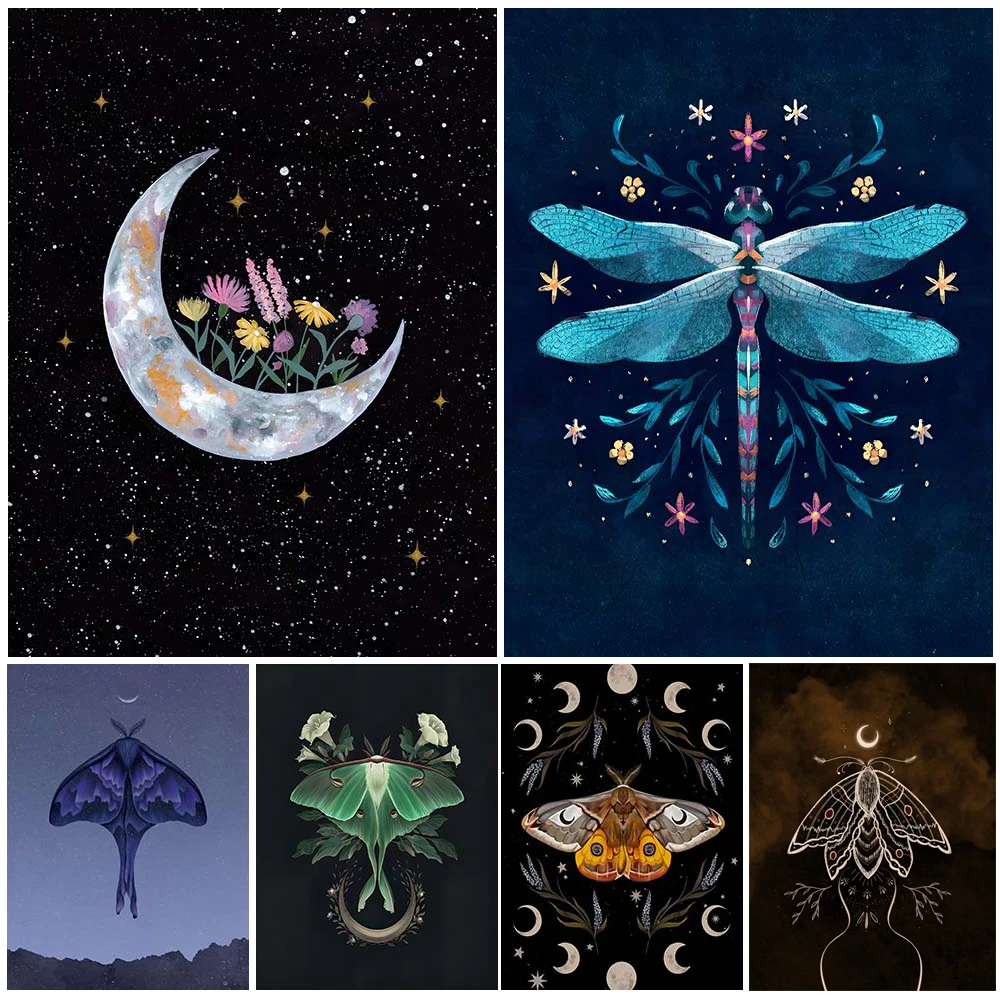 Flower Snake And Moon Wall Art Canvas Painting Decoration Wicca Lunar Phase And Moth Posters And Prints Decoration Unframed