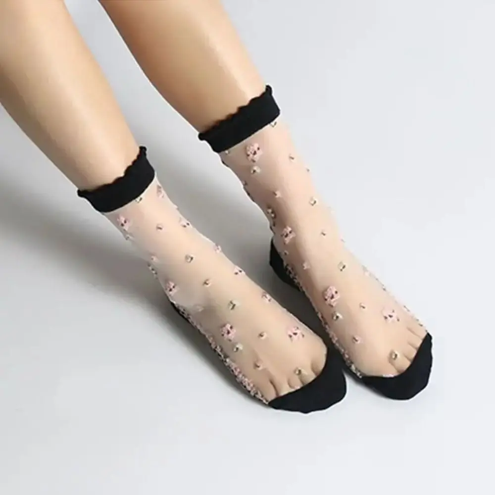 InjLastic-Chaussettes respirantes en verre de cristal, chaussettes courtes en dentelle Jacquard, chaussettes transparentes, haute qualité