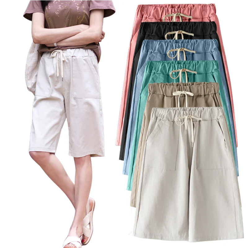 Women Summer Bermuda Shorts Cotton Wide-legged Leisure Trousers Large Size Loose Elastic Waist With Belt shorts 6XL 7XL 8XL