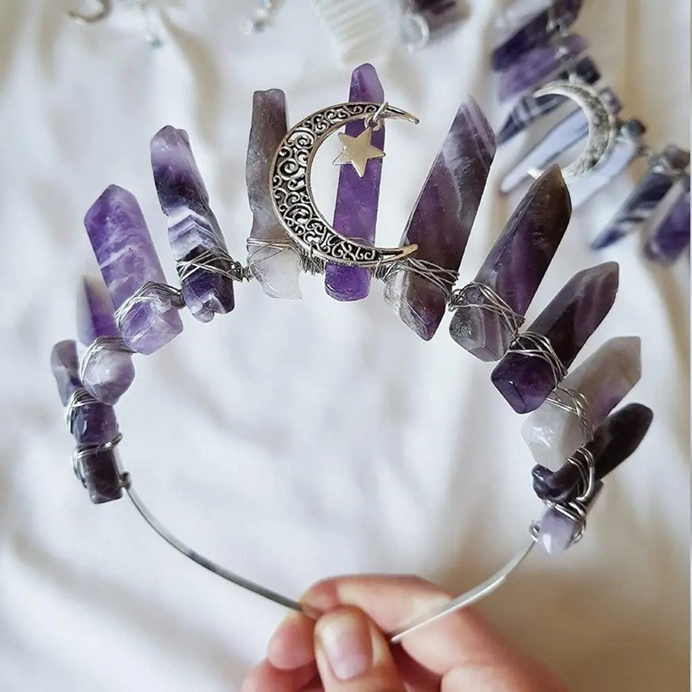 Women Amethyst Crystal Crown Headband Raw Quartz Tiara Moon Goddess Headpiece for Festival Bachelore tte Party Photography