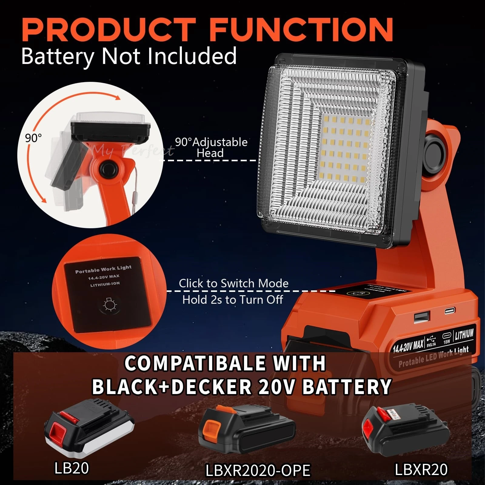 

Беспроводной светодиодный рабочий фонарь для Black and Decker, аккумулятор 20 В, 25 Вт, 1500 лм, портативный прожектор с портами USB и Type-C, светодиодный светильник с поворотной головкой на 90°. Три режима освещения для аварийного освещения, мастерской,