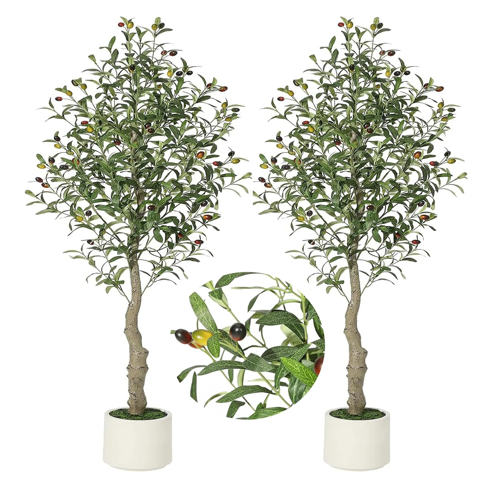 

2pcs Faux Olive Tree Artificia Plant Tree with White Planter and Green Moss for Home Office Garden Stairs Foyer Decor