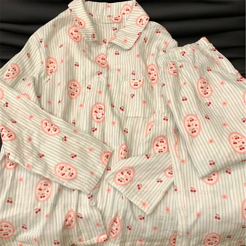 

Хлопковые кавайные пижамы De Mujer, пижамный костюм в зеленую полоску, женская теплая одежда для сна, домашняя одежда, ночная рубашка, повседневная домашняя одежда