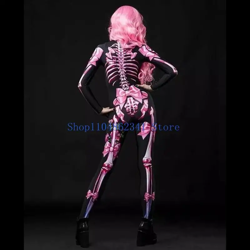 5asd Damen-Halloween-Party-Kostüm, Totenkopf-Aufdruck, langärmelig, Overall, Outfit, Skelett