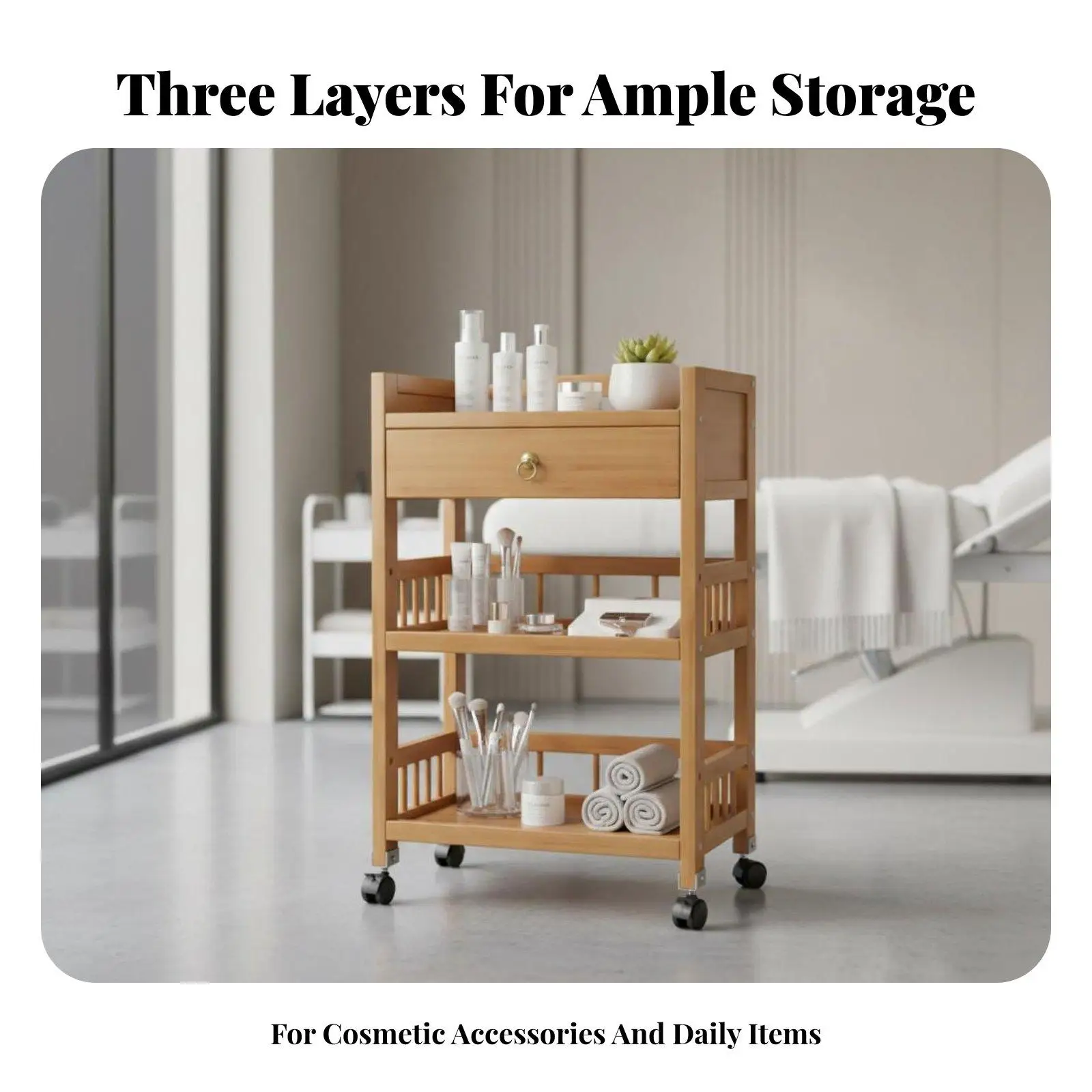 Mobile Salon Trolley for Stylists 3 Tier Wooden Storage Cart with Drawer Bamboo Rolling Rack for Cosmetics