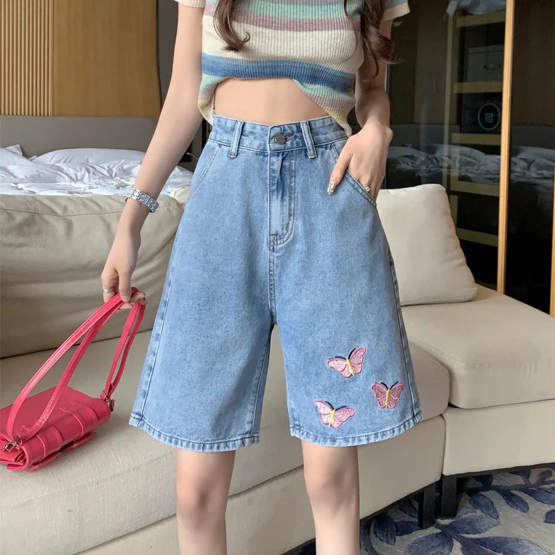 

S-5xl Denim Shorts Women Summer Oversized High Waist Embroidery Wide Leg Knee Length Jeans Leisure Loose Ladies Shorts