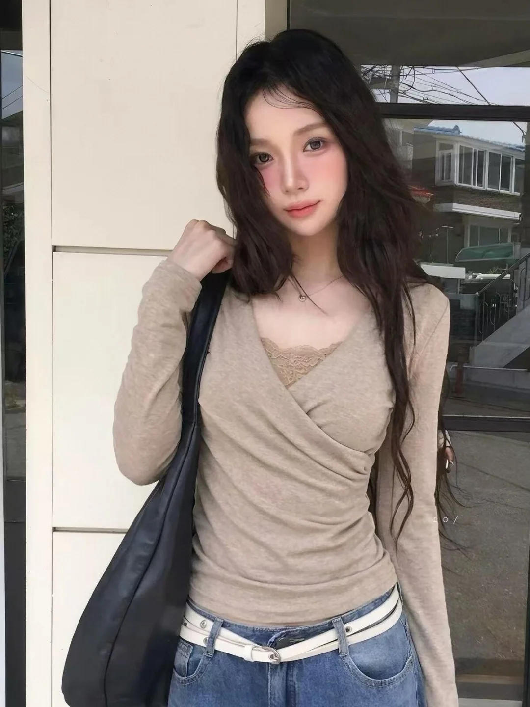 Pure Desire Sexy Lace Cross Long Sleeve T-Shirt Women Early Autumn Waist Cinched Base Shirt High End Small Capital Top