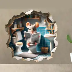 Funny Bathroom Mouse Reading Book in the toilet-Cracked Wall Sticker-Baseboard Sticker Decal-Cute Home Decor Mural M1025