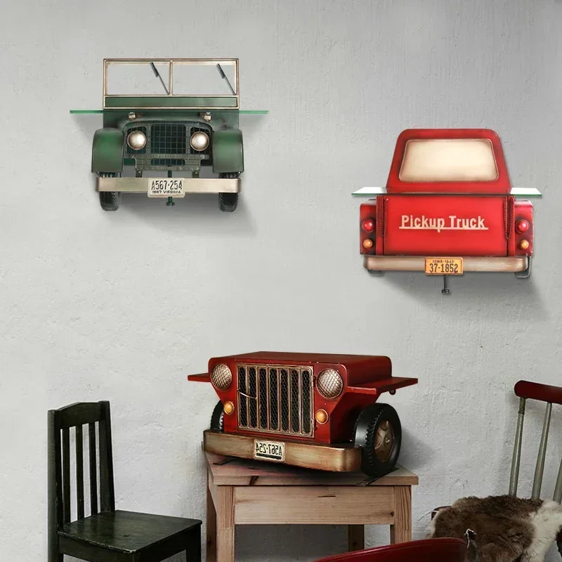 Creative Red Car Front Wall Decor  Living Room Bedroom Partition Storage, Old Style Wrought Iron Shelf, Unique Car Decor