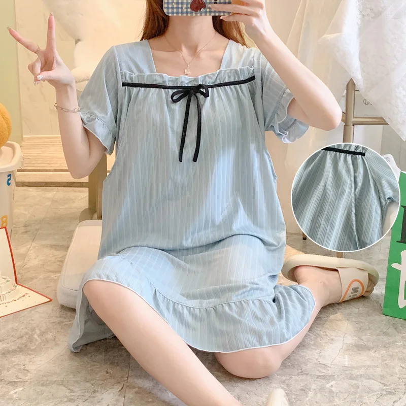 

Maternity Summer Stripes Nightgown Postpartum Woman Lactation Cotton Pajamas Short-sleeved Large Size Breastfeeding Dress M-3XL