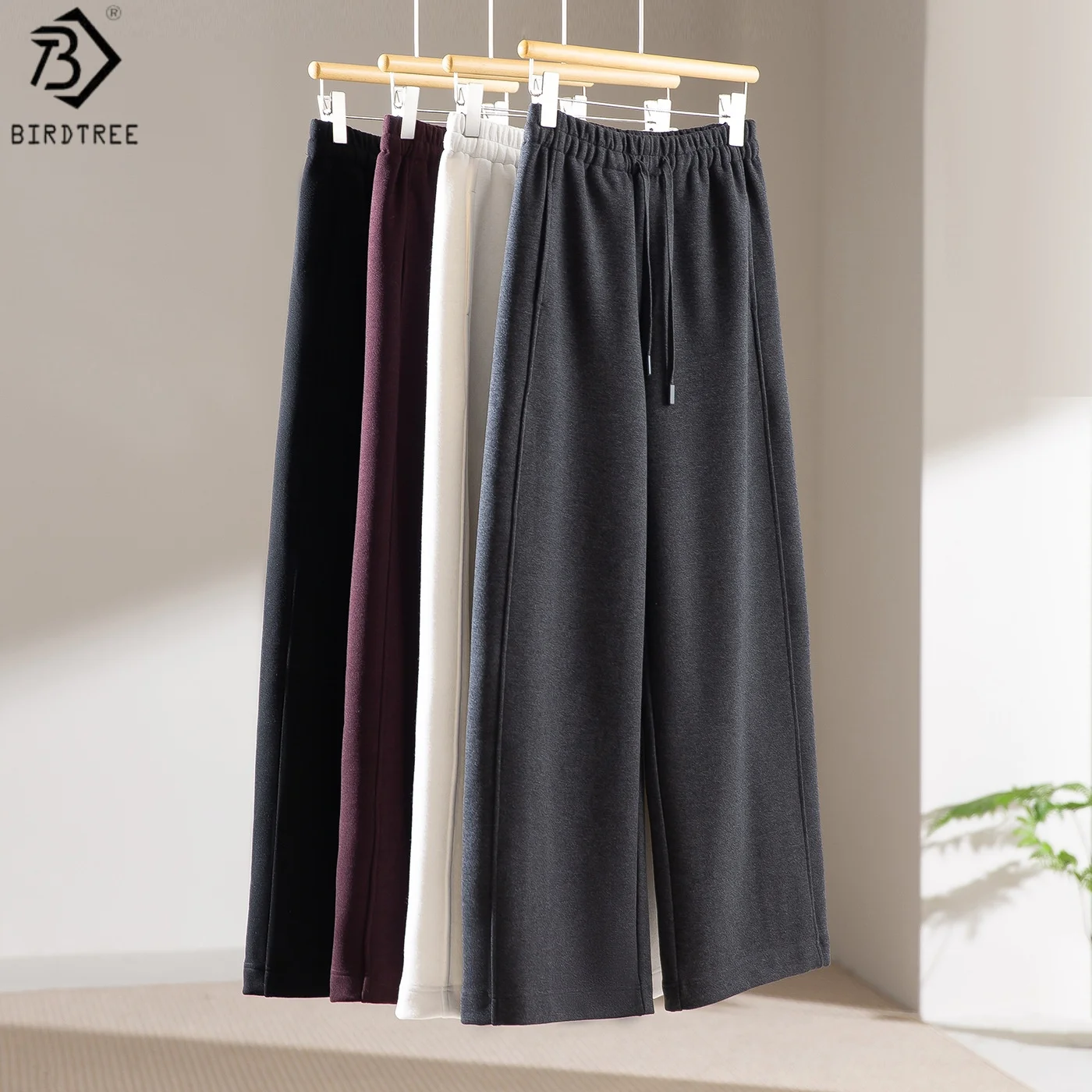 

Birdtree 1,6% однотонные мягкие брюки из овечьей шерсти, женские шерстяные брюки с эластичной резинкой на талии и шнурком для поездок на работу, осенние широкие брюки P59438JF