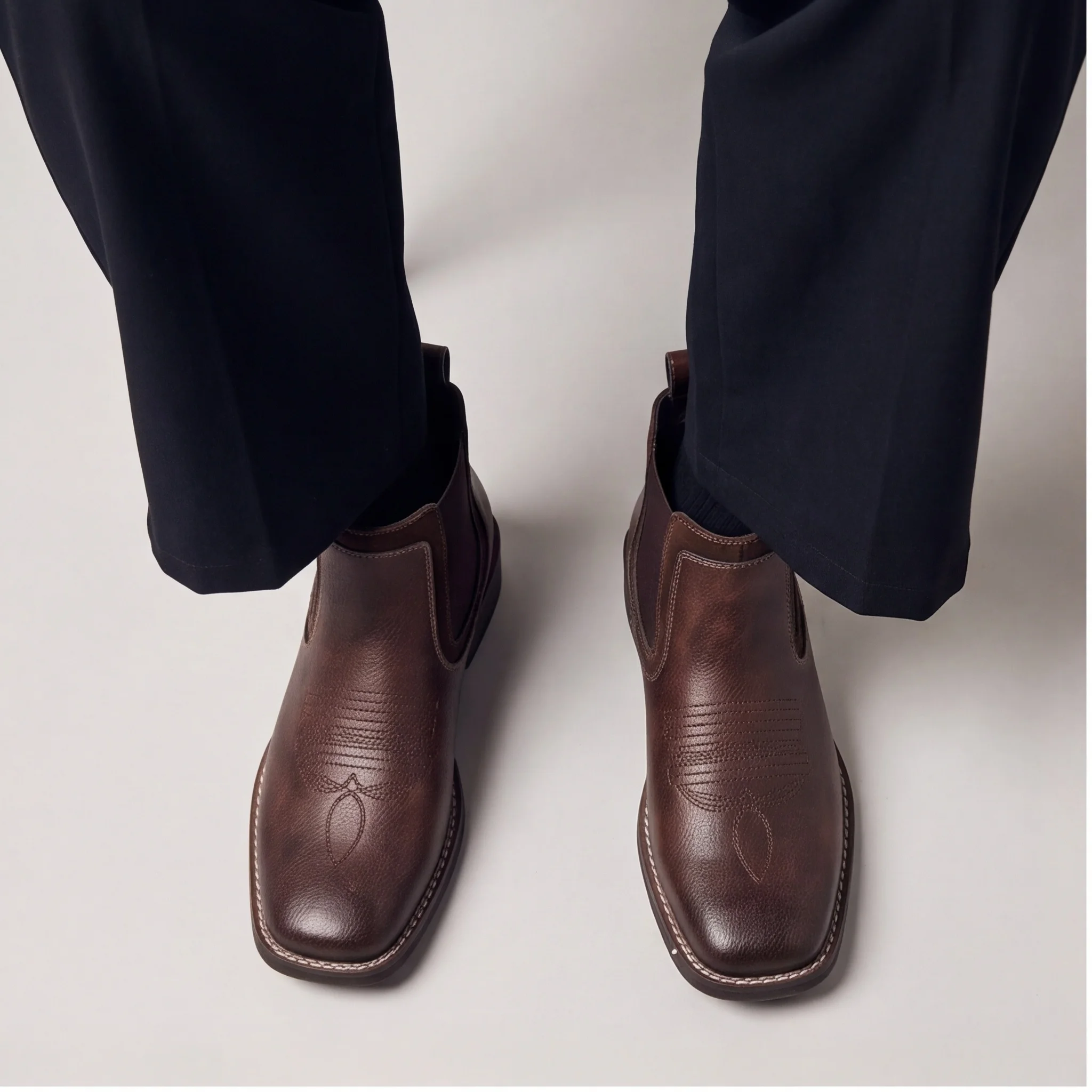 Men's Chelsea Boots Brown Western Cowboy Style Ankle Boots Square Toe Pull On Elastic Side Boots For Man