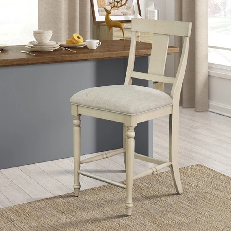 Farmhouse Counter Stool: Rustic Whitewash Upholstered Seat, Elegant Turned Wood Legs, Silver Metal Kick Plate, Assembly Required