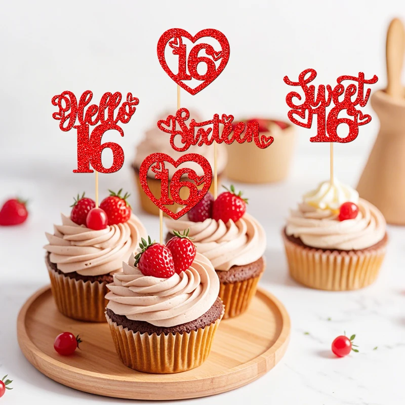 NUBECOM 24 Stück Sweet 16 Kuchendekoration Glitzer Hello 16 Cupcake-Topper Sixteen Happy 16th Cupcake-Dekorationen Geburtstagstorten-Aufsätze – Detail 8