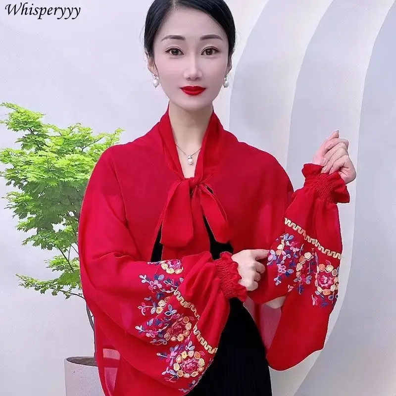 

Embroidery Shawl Women Sun Protection Clothing Wide Sleeve Ice Silk Chiffon Cape Femme Spring Summe Fashion Poncho Feminino