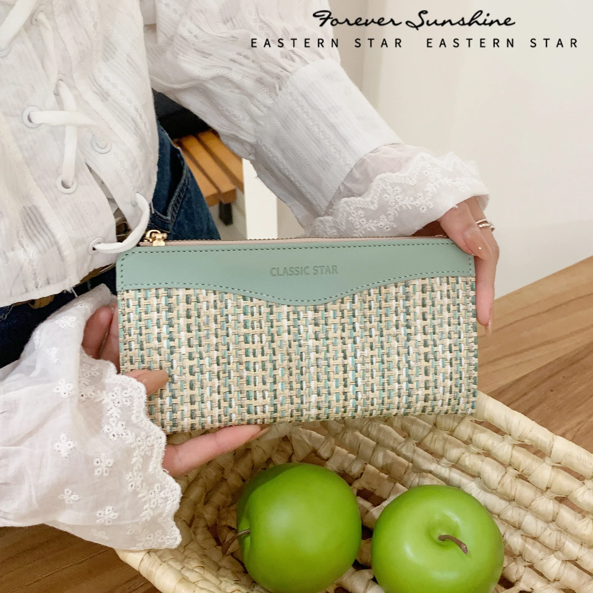 Korean Tweed Woven Long Wallet Women Luxury Contrast Color PU Clutch Purse Multi Card Slots Large Capacity Zipper Coin Pocket El