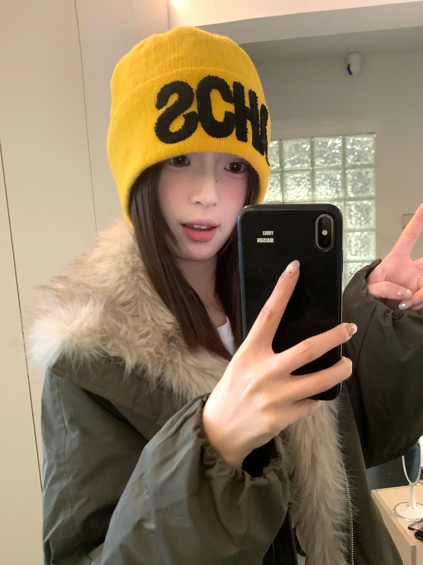 Korean Version Of The Alphabet Knitted Cold Hat For Women Winter Warmth Ear Hat Hood Hat Yellow Yarn Hat