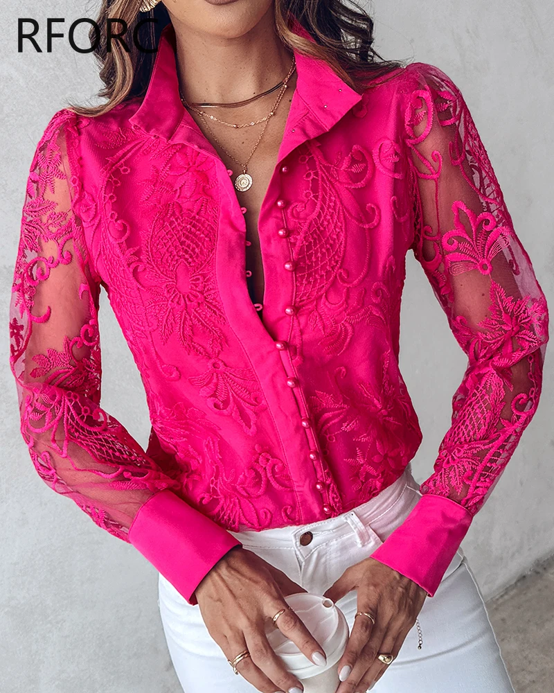 2024 Women Long Sleeves Beading Button Lace Flower Hollow Turn Down Neck Blouse Shirt Top