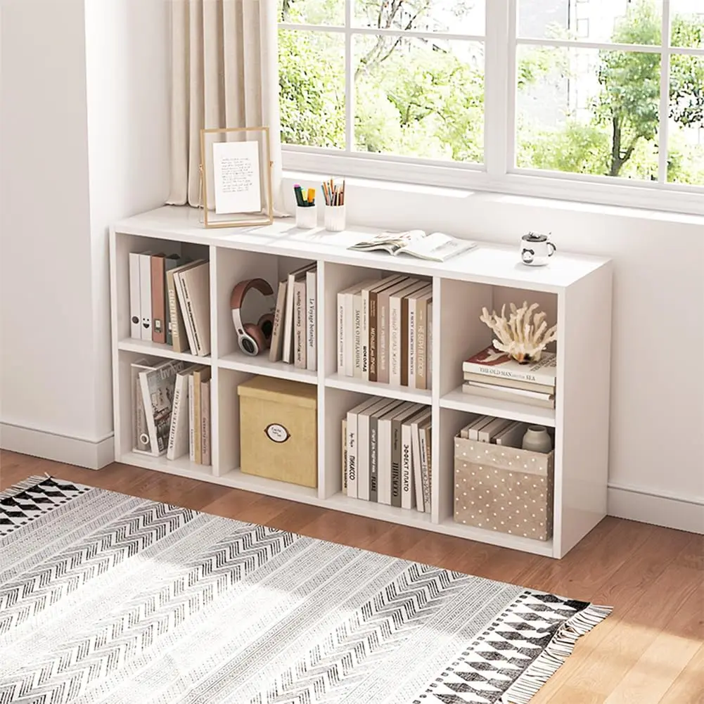 

8-Cube Storage Bookcase with Fabric Bins, White - Versatile Organizer for Home